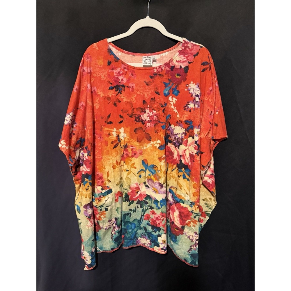 Parsley & Sage Kaftan Tunic Flowy Top Large Watercolor Floral print Art To Wear